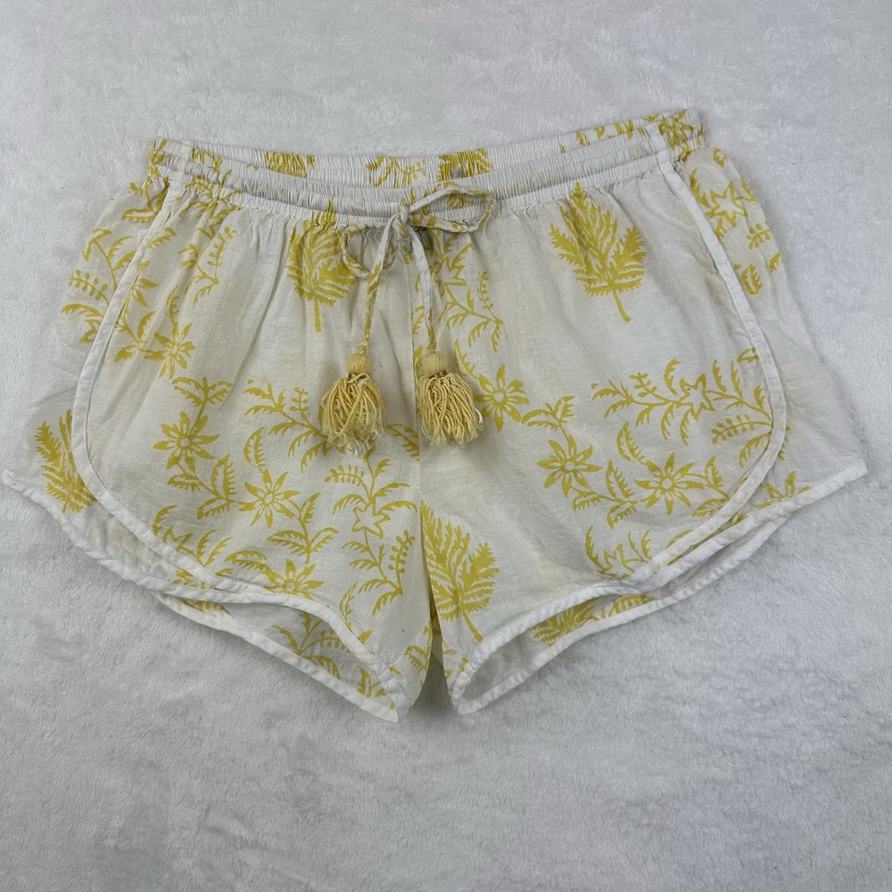 Madison Mathews Women Yellow Floral Shorts XS Tie Elastic Cotton‎